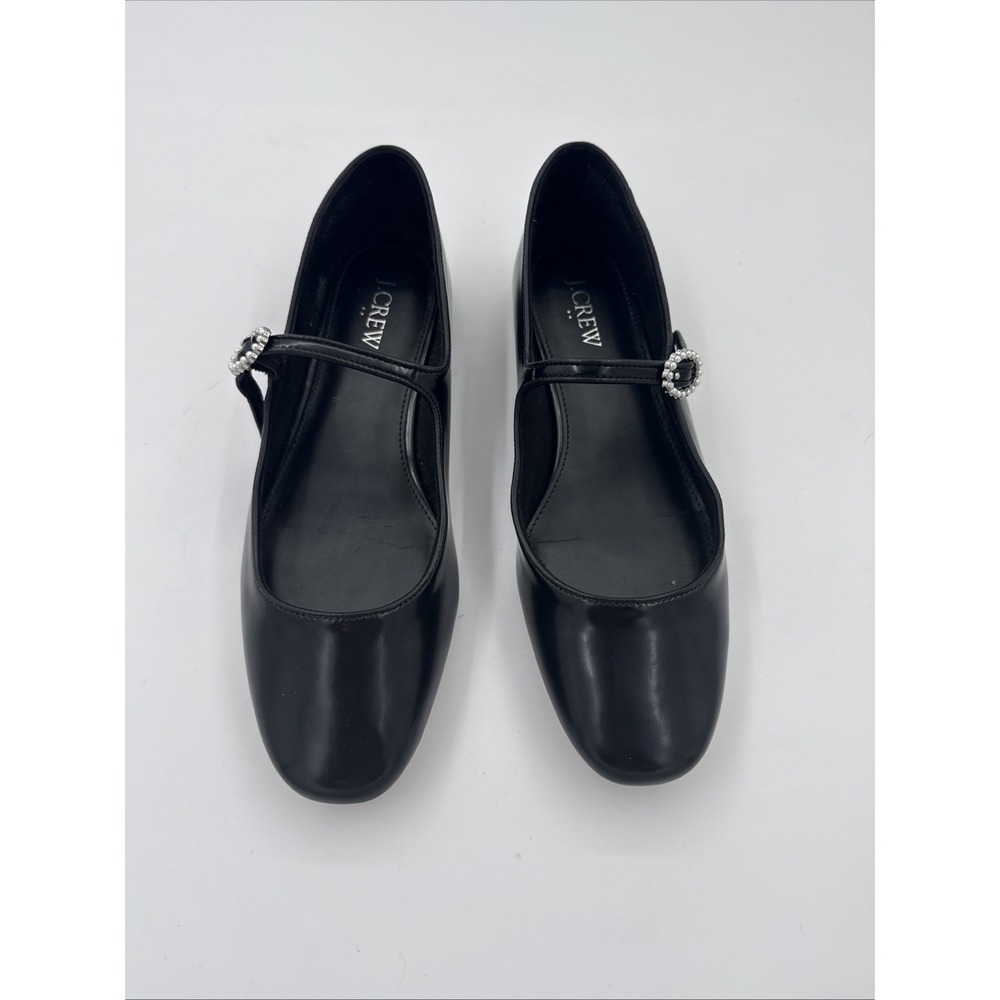 J. Crew Mary Jane Ballet Flats Sz 8 Black Patent Leather Academia Pearl Buckle
